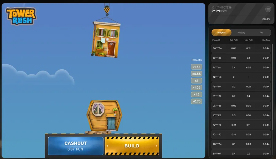Six-floor build with Cashout at 0.87 Fun and Results x1.05
