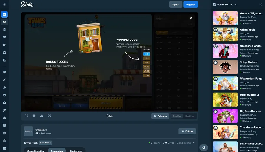 Tower Rush open on Stake's game page in Fun Play with the Ga