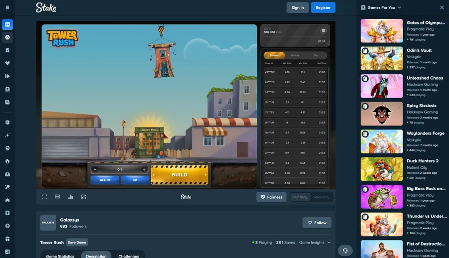 Idle street scene on Stake's game page in Fun Play, 100,000