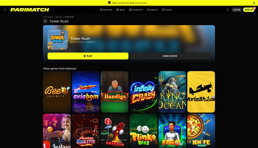 Parimatch's Tower Rush game page with a yellow sign-up