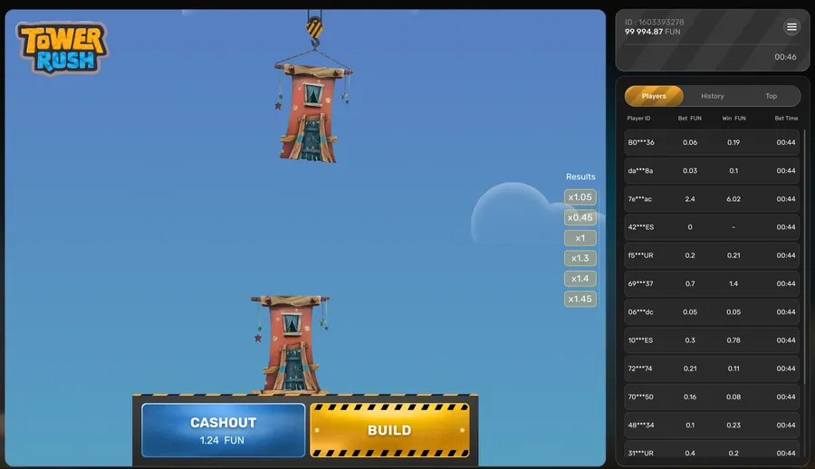 Six-floor build at Cashout 1.24 Fun with the balance reading 99,994.87 Fun Six-floor build at Cashout 1.24 Fun with the balance